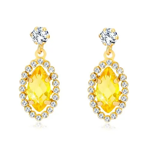 Zlaté náušnice 375 - číry zirkón, zirkónové zrnko žltej farby, ligotavá kontúra