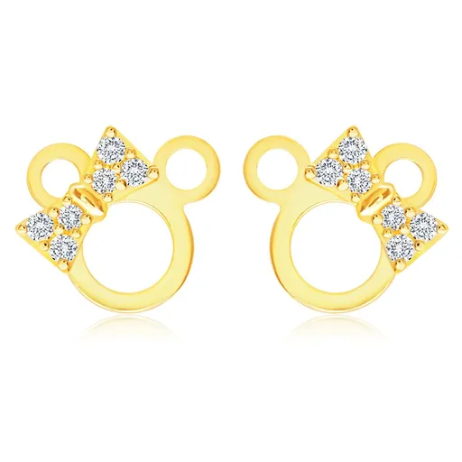 Zlaté náušnice 585 - kontúra myšičky so zirkónovou mašľou na hlave