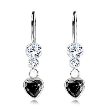 Strieborné 925 náušnice, čierne zirkónové srdiečko, číre krištále Swarovski