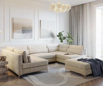 Pohovka v tvare U Elio 300x185 cm manšestrová béžová s taburetkou