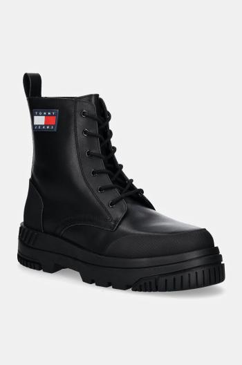 Kožené členkové topánky Tommy Jeans TJM LACE UP LEATHER BOOT pánske, čierna farba, EM0EM01511
