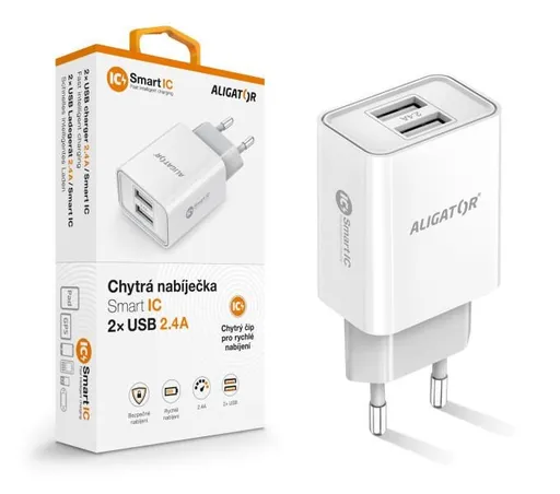 Aligator sieťová nabíjačka, 2x USB, smart IC, 2, 4 A, biela