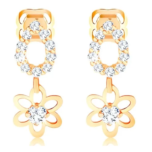 Náušnice v žltom 14K zlate, trblietavý obrys kvapky, kvietok so zirkónom