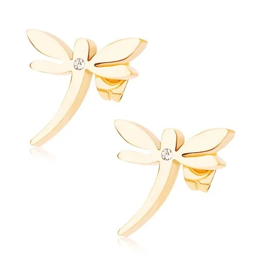 Puzetové náušnice z chirurgickej ocele, zlatý odtieň, vážka, číry zirkónik