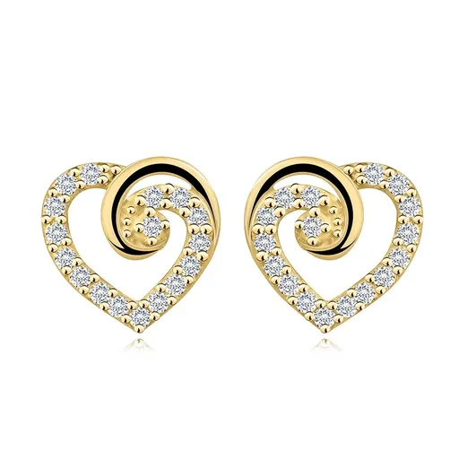 Zlaté náušnice v žltom 14K zlate - obrys srdca so slučkou, zirkónová línia