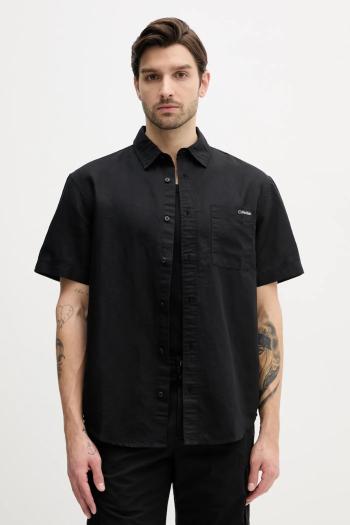 Ľanová košeľa Calvin Klein Jeans pánska, čierna farba, regular, s klasickým golierom, J30J327296