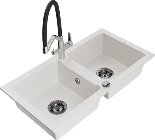 MEXEN/S MEXEN/S - Mario granitový drez 2-bowly vrátane batérie Duo, biela 6504-20-671701-07-B