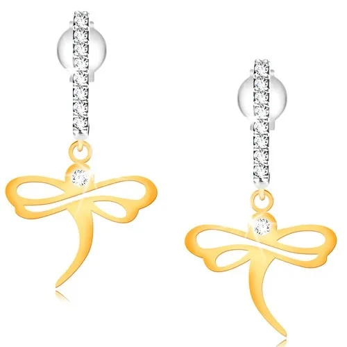 Náušnice zo zlata 585 - lesklá vážka na zirkónovom oblúčiku