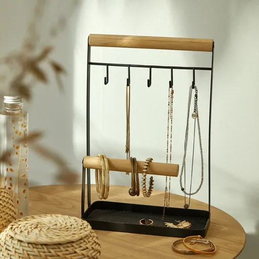 Stojan na šperky z dreva a kovu, čierny