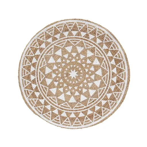 Okrúhly jutový koberec s bielou potlačou