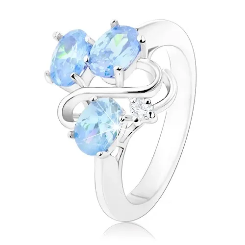 Prsteň striebornej farby, tri oválne svetlomodré zirkóny, zvlnená línia - Veľkosť: 48 mm
