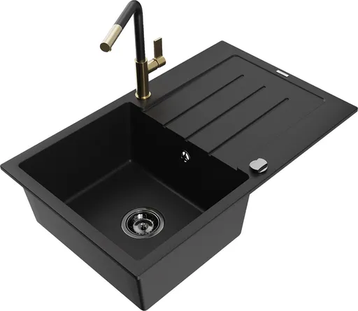 MEXEN/S MEXEN/S - Bruno granitový drez 1 s odkvapkávačom vrátane batérie Flora, čierna 6513-77-670401-57-B