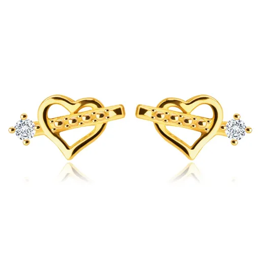 Náušnice zo 14K zlata - srdiečko s Amorovým šípom, zirkón v kotlíku, puzetky