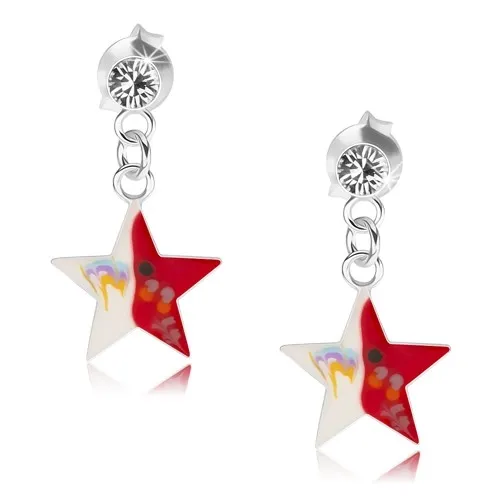 Náušnice zo striebra 925, číry krištálik, červeno-biela hviezda s dekoráciou