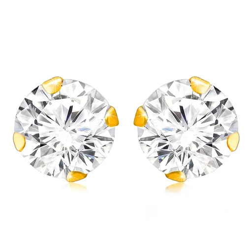 Puzetové náušnice v 375 zlate - okrúhly zirkón v čírom odtieni, lesklé paličky