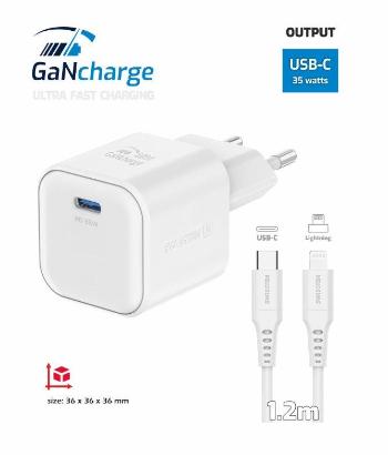 SWISSTEN SIEŤOVÝ ADAPTÉR GaN 1x USB-C 35W POWER DELIVERY BIELÝ + DÁTOVÝ KÁBEL USB-C/LIGHTNING 1,2 M BIELÝ