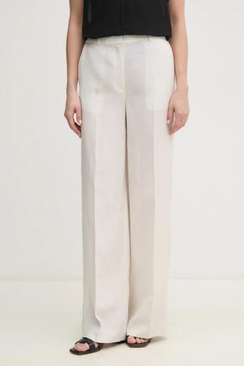 Nohavice s prímesou ľanu Calvin Klein dámske, béžová farba, rovné, vysoký pás, K20K208381