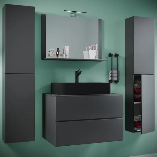 VCM 5dílná umyvadlová skříňka Lendas BL XL 80 cm se zrcadlem a 2 vysokými skříňkami, antracitová