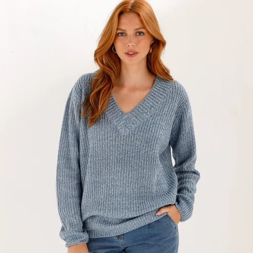 Pulóver s výstrihom do V a hladkým vzorom