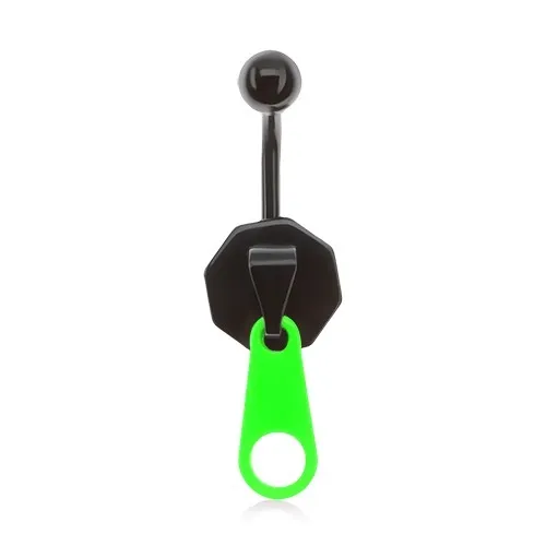 Oceľový piercing do bruška, čierno-zelený zips