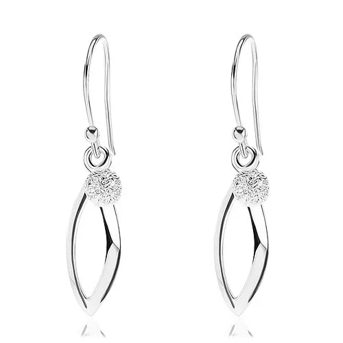 Strieborné 925 náušnice, lesklý obrys zrnka, ligotavá guľôčka, háčiky