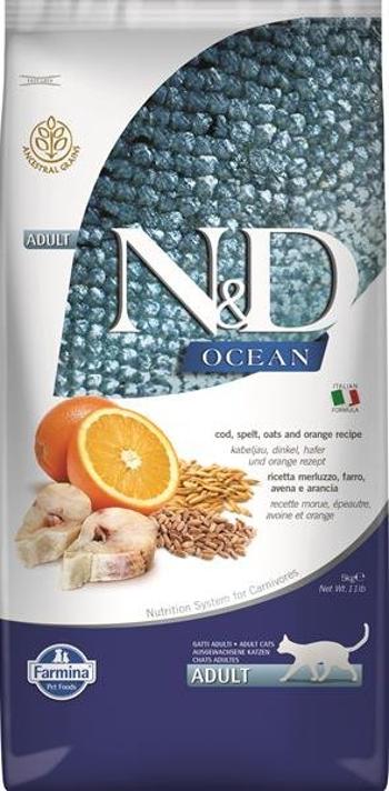 Farmina N&D cat OCEAN (AG) adult, codfish, spelt, oats & orange granule pre mačky 5kg