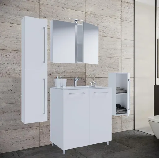 VCM 5dílná umyvadlová skříňka Badinos 2 dveře 60 cm se zrcadlem, střední a vysokou skříňkou, bílá