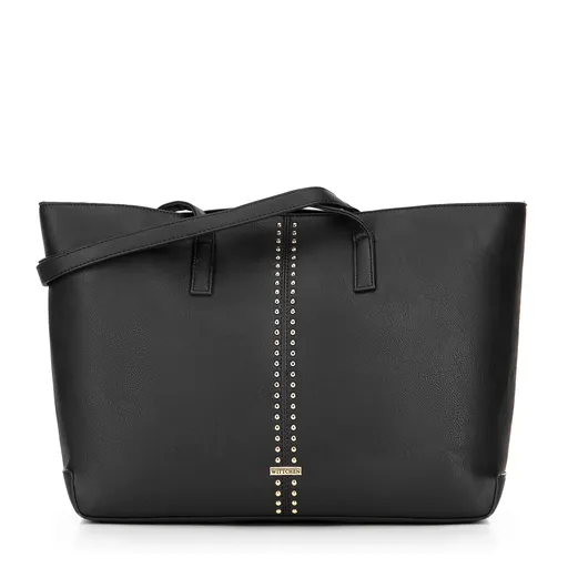 Dámska nákupná kabelka z imitácie kože s nitmi čierna 100-4Y-209-1