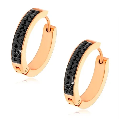 Oceľové náušnice medenej farby, čierny pásik zo zirkónov