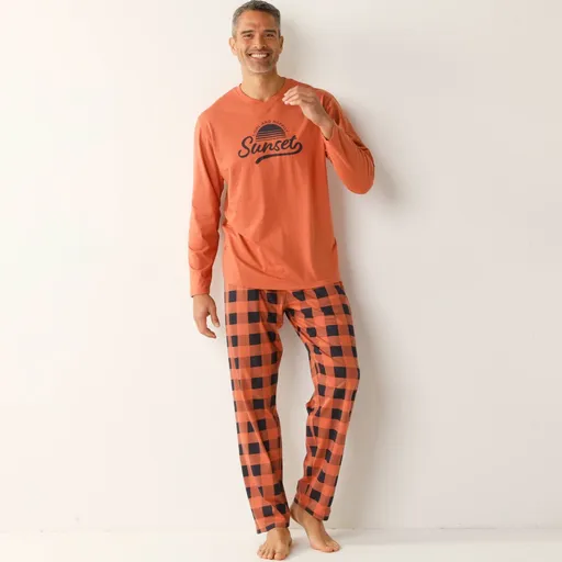 Kockované bavlnené pyžamo s dlhými rukávmi a nohavicami