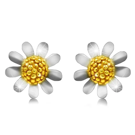 Strieborné 925 náušnice - kvet margarétky, puzetové zapínanie