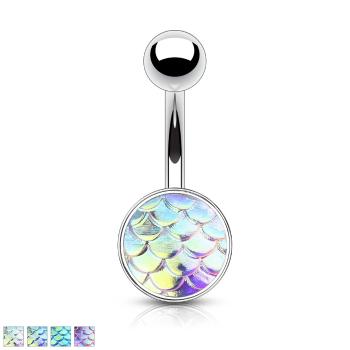 Oceľový piercing do bruška - 3D rybie šupiny s dúhovým efektom - Farba piercing: Dúhová