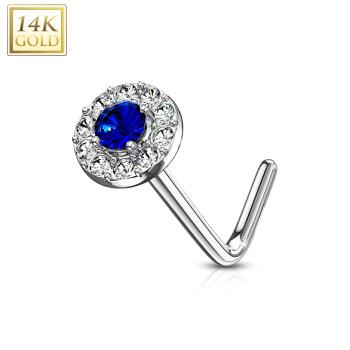Zahnutý piercing do nosa z bieleho 14K zlata - tmavomodrý zirkón lemovaný zirkónikmi