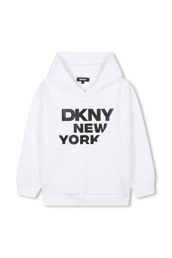 Detská bavlnená mikina Dkny biela farba, s kapucňou, s potlačou, D62248