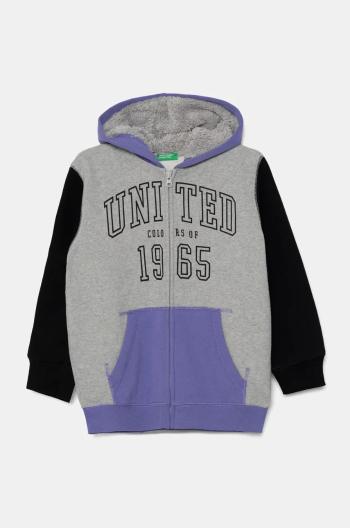 Detská mikina United Colors of Benetton šedá farba, s kapucňou, s potlačou, 3EB5C504H