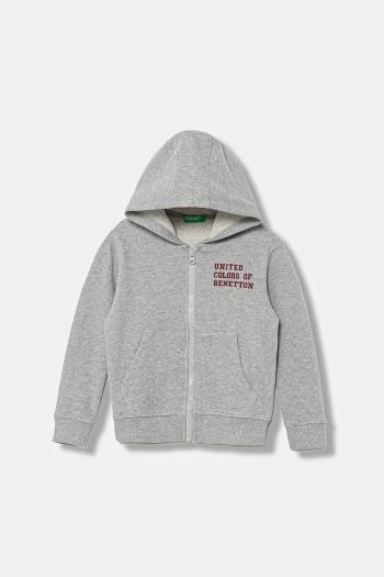 Detská bavlnená mikina United Colors of Benetton šedá farba, s kapucňou, jednofarebná, 3J68G503V
