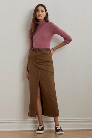 Bavlnená sukňa Lauren Ralph Lauren béžová farba, midi, rovný strih, 200956569