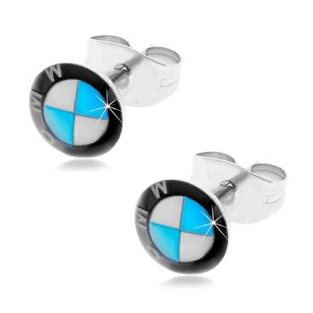 Okrúhle oceľové náušnice - čierno-bielo-modré logo automobilky, puzetky