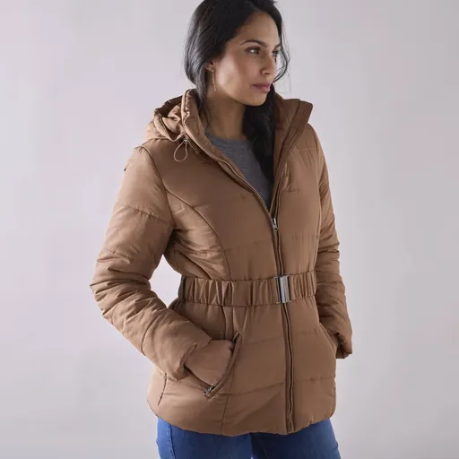 Krátka nepremokavá prešívaná bunda s opaskom, na zips