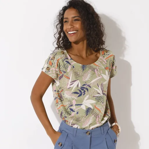 Tričko s potlačou a kokosvými gombíkmi na pleciach