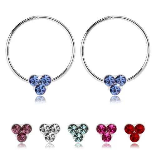 Náušnice zo striebra 925, tenký krúžok, tri Swarovského krištále, rôzne farby - Farba: Modrá