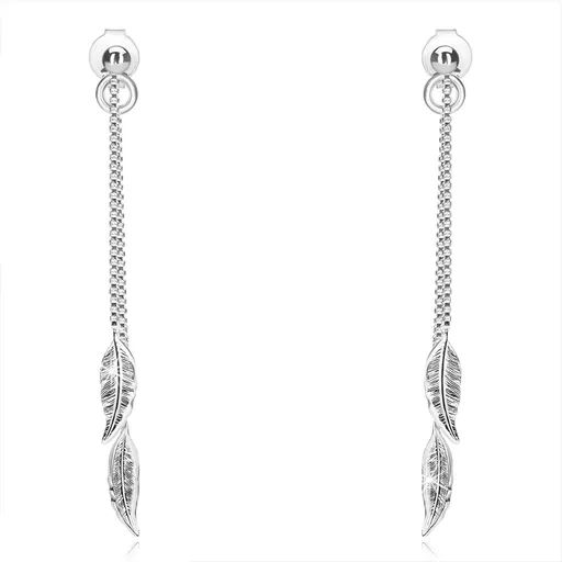 Strieborné náušnice 925, dva lístočky visiace na tenkých retiazkach