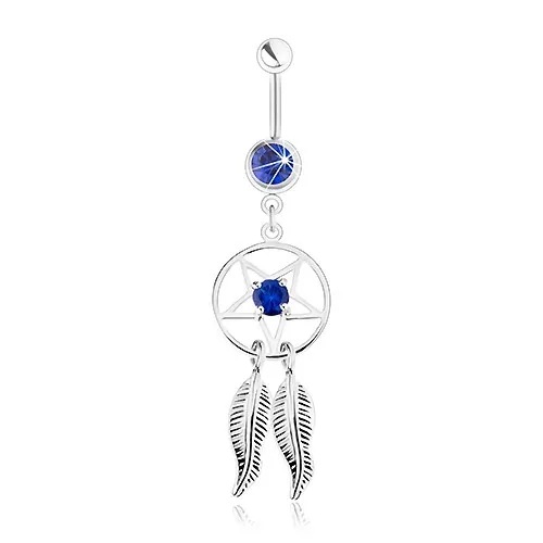 Oceľový piercing do brucha, lapač snov - pentagram, pierka, tmavomodré zirkóny
