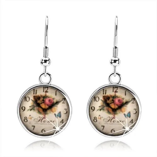 Náušnice, štýl cabochon, glazúra, obrázok hodiniek, ruže, anglický nápis
