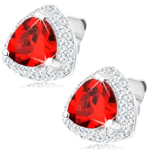 Puzetové náušnice zo striebra 925, červený zirkónový trojuholník, číry lem
