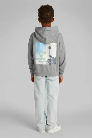 Detská bavlnená mikina Calvin Klein Jeans šedá farba, s kapucňou, jednofarebná, IB0IB02468