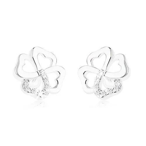 Náušnice zo striebra 925, obrys štvorlístka pre šťastie, číre zirkóniky