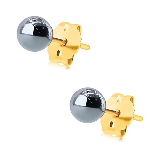 Zlaté 9K náušnice - puzetky s tmavosivou guličkou z hematitu, 4 mm