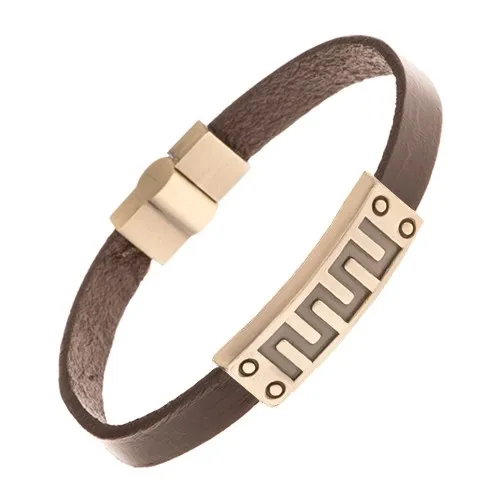 Náramok z tmavohnedej syntetickej kože, známka s gréckym kľúčom