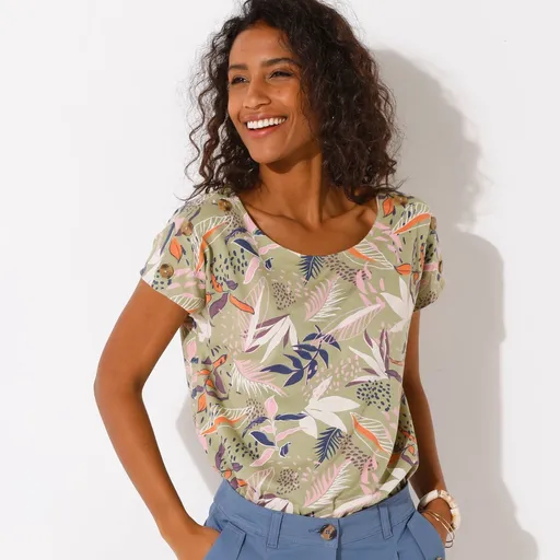 Tričko s potlačou a kokosvými gombíkmi na pleciach